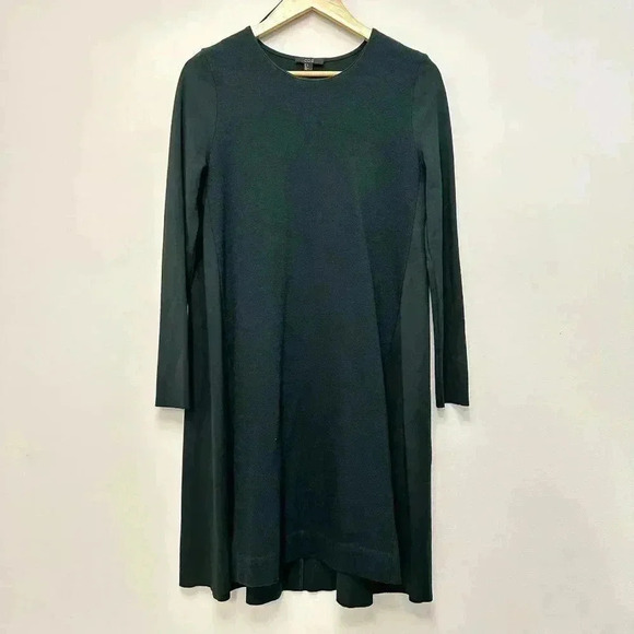 COS Wool Cotton Blend A-Line Long Sleeve Shift Jersey Dress Wool Panel Green M - Picture 3 of 16